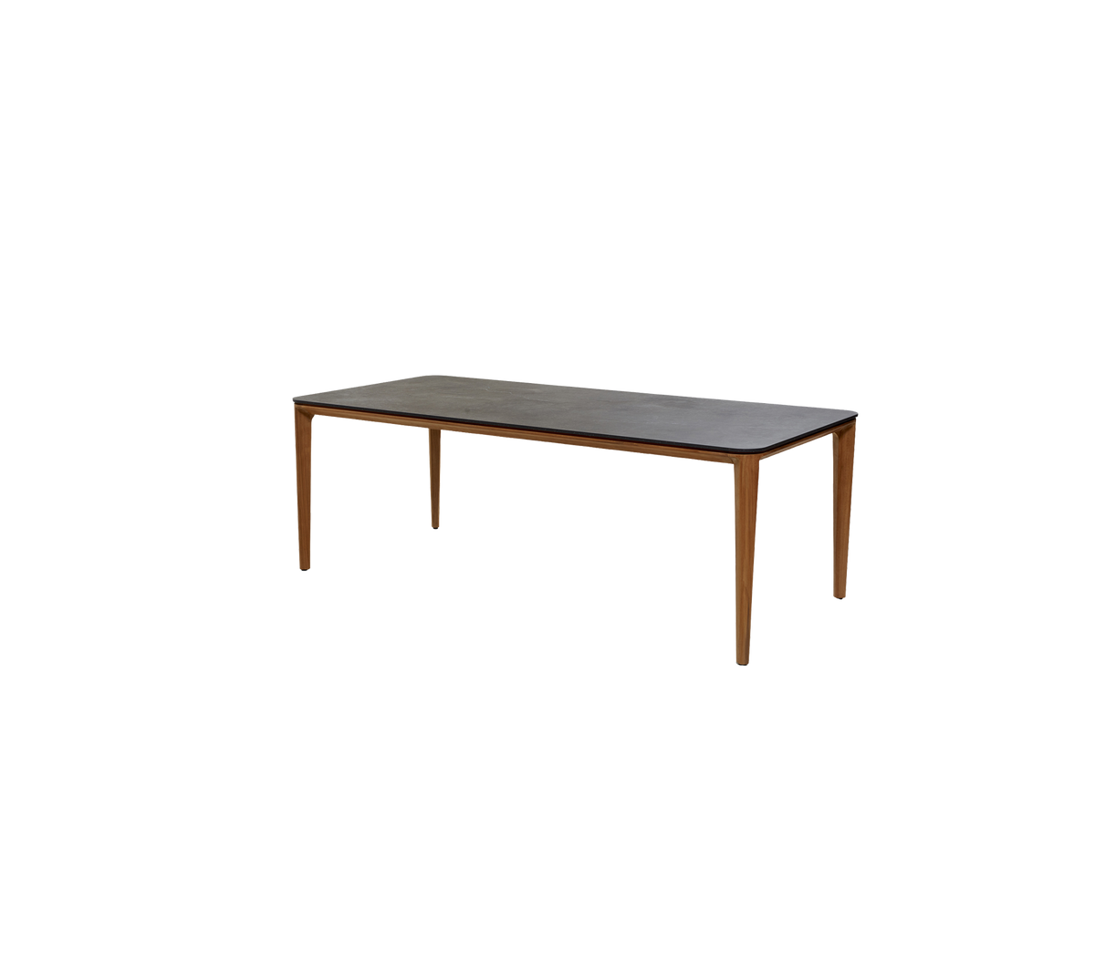 Eenvoudige rechthoekige tafel met een donkere oppervlakte en houten poten, geschikt voor verschillende omgevingen en gebruiksdoeleinden.