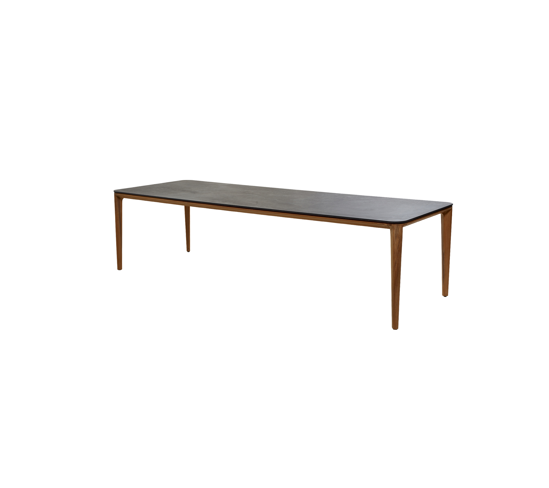 Lang rechthoekige tafel met een houten frame en een gladde top, geschikt voor verschillende instellingen en gebruik.
