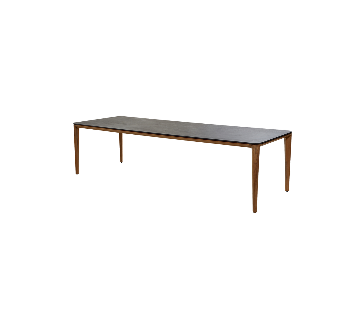 Lang rechthoekige tafel met een houten frame en een gladde top, geschikt voor verschillende instellingen en gebruik.