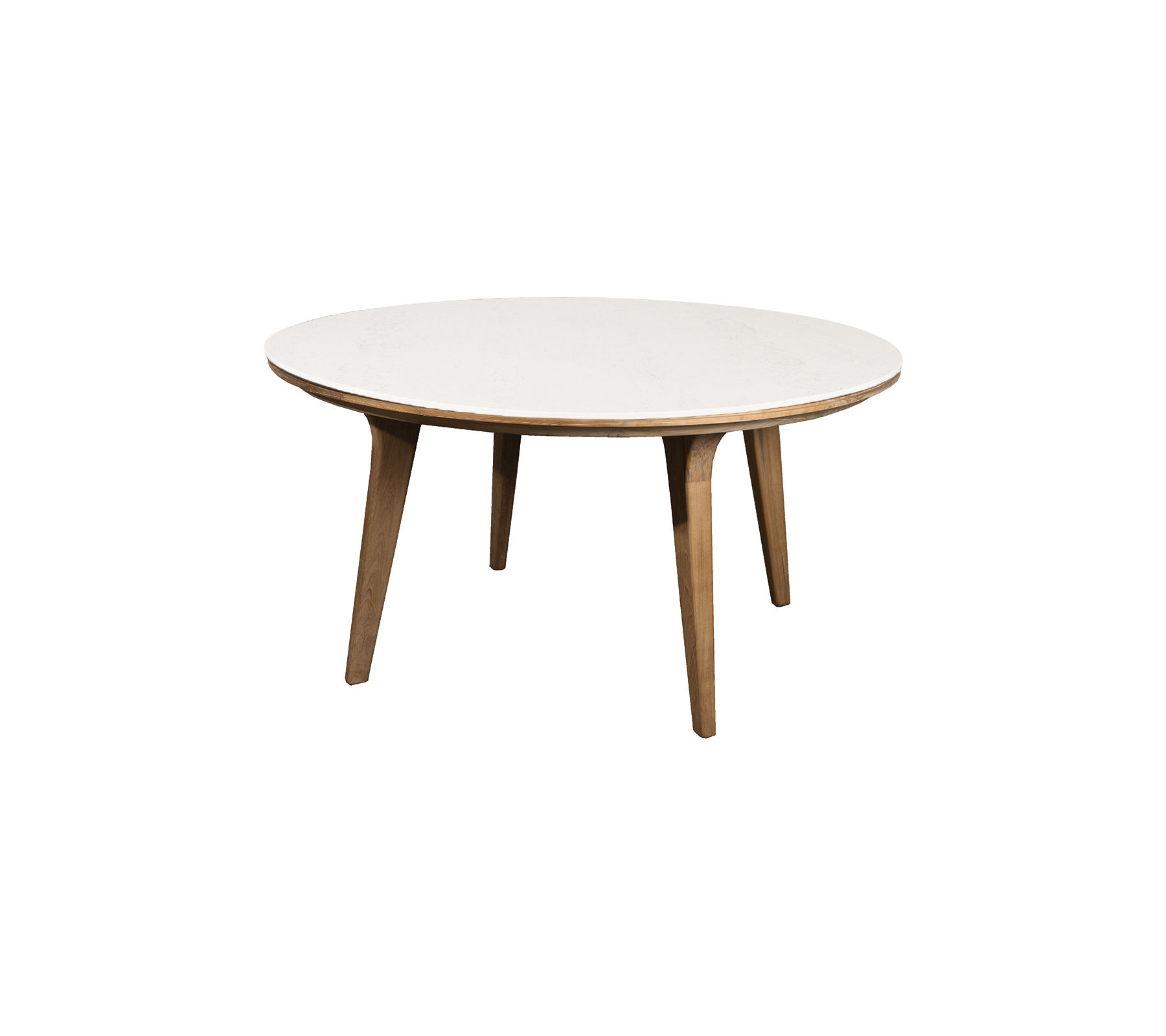 Rond tafel met een gladde witte bovenkant en houten poten, ideaal voor dineren of informele bijeenkomsten. Elegante en hedendaagse design.