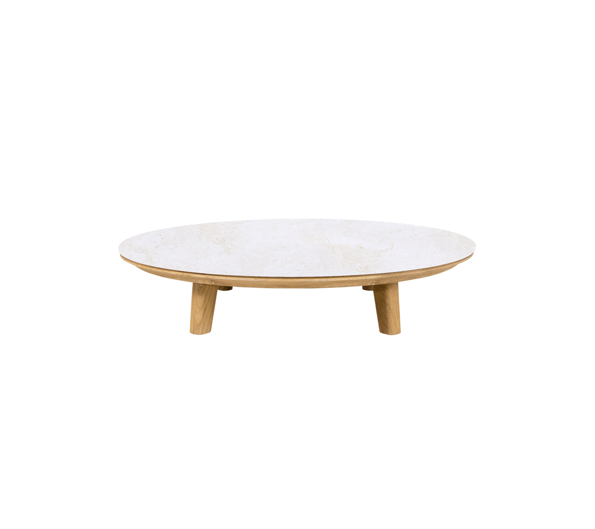 Ronde travertintafel met teak poten.