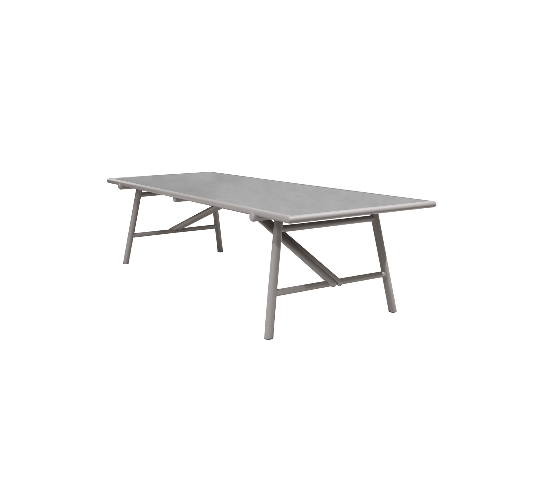 Rechthoekige tafel met een grijs blad en stevig kruispootontwerp, ideaal voor verschillende omgevingen en bijeenkomsten. Lichtgewicht en moderne esthetiek.