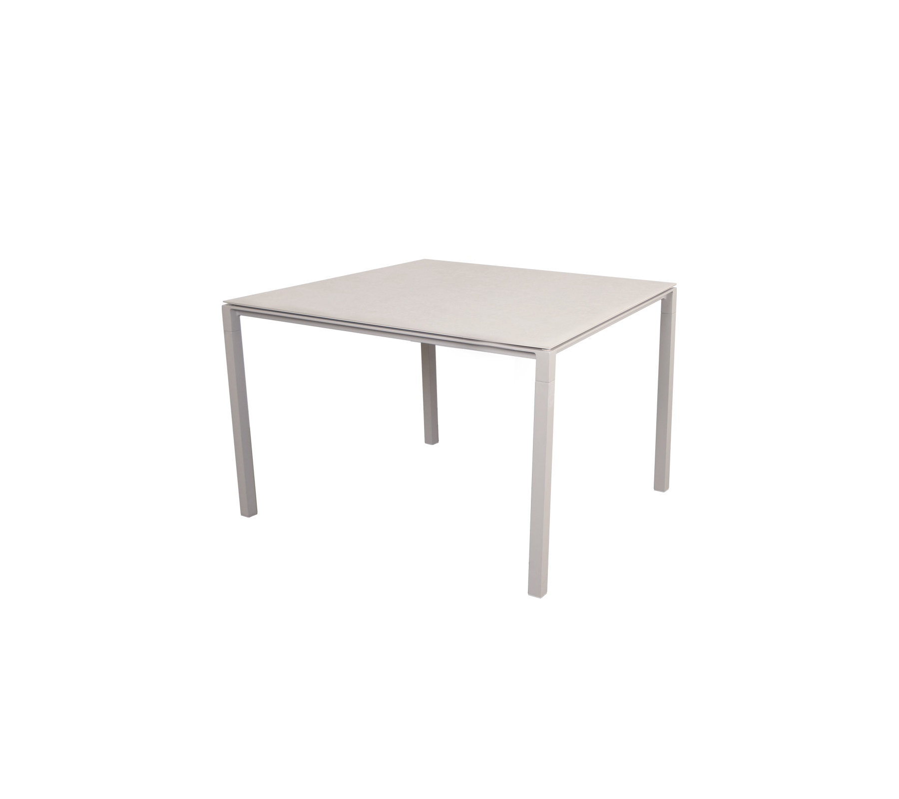 Vierkant tafel met een slank, minimalistisch ontwerp, met een vlakke oppervlakte en vier stevige poten, geschikt voor verschillende omgevingen.
