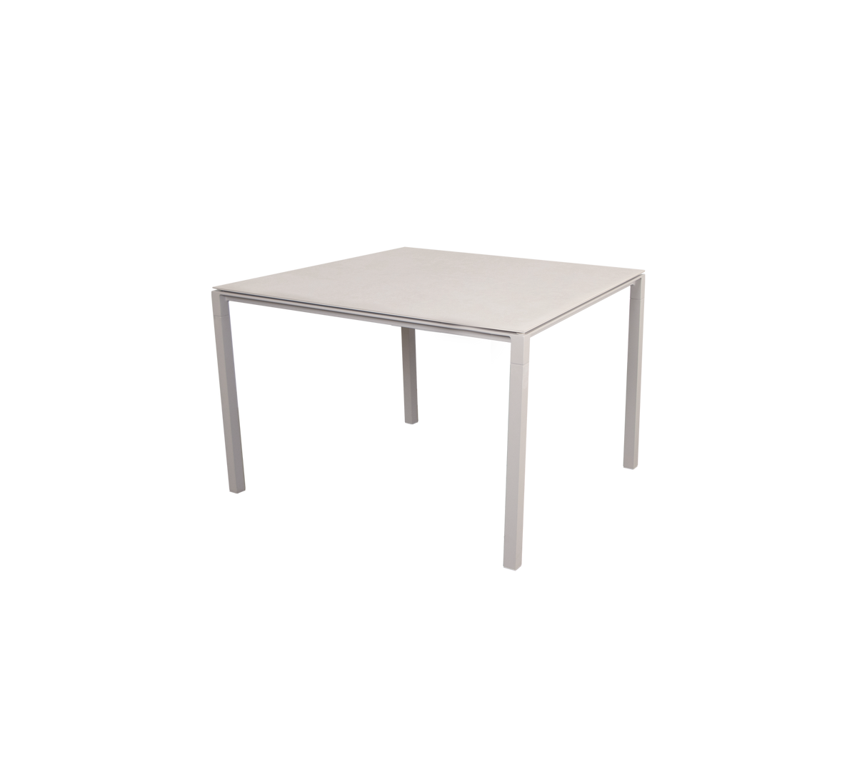 Vierkant tafel met een slank, minimalistisch ontwerp, met een vlakke oppervlakte en vier stevige poten, geschikt voor verschillende omgevingen.