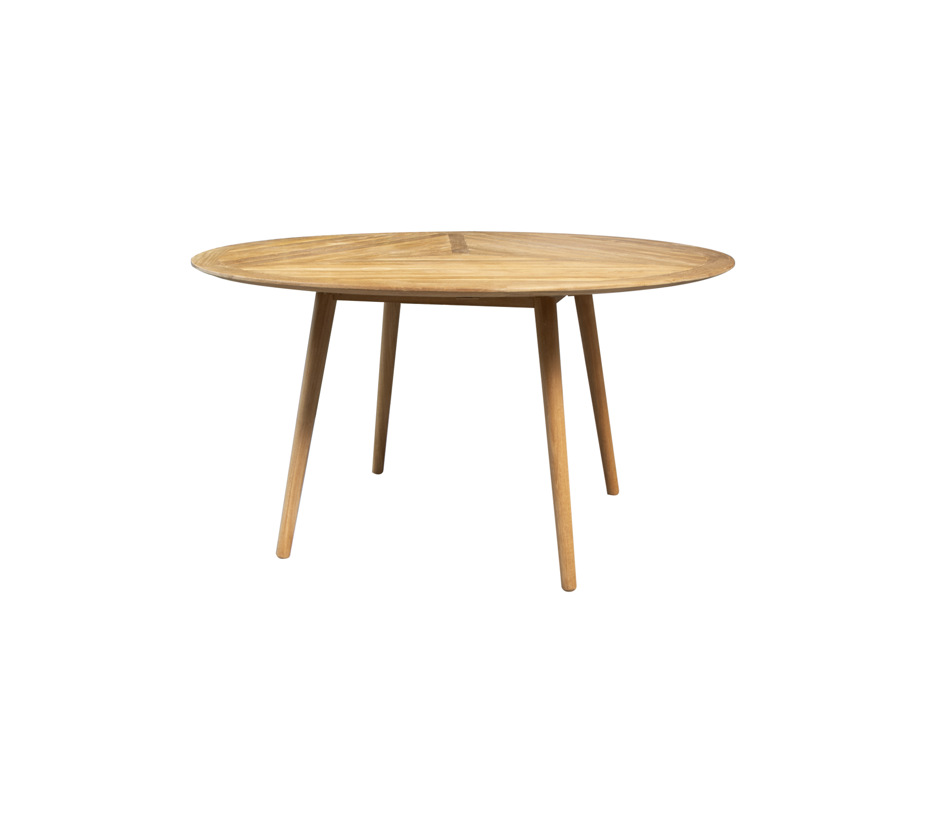 Ronde houten tafel met een glad oppervlak en slanke poten, ontworpen voor stijlvolle en functionele eet- of werkruimte.