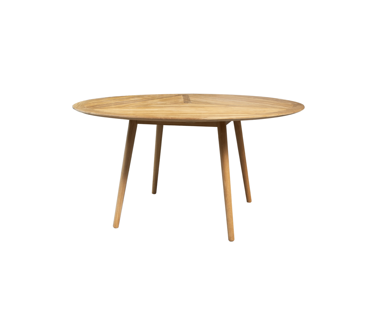 Ronde houten tafel met een gladde oppervlakte en vier taps toelopende poten, ontworpen voor veelzijdige eet- of werkopstellingen.