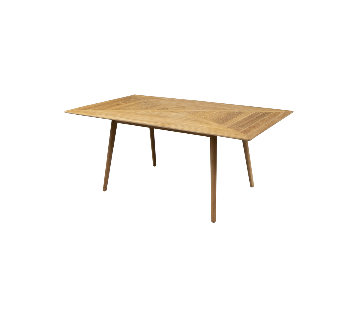 Rechthoekige houten tafel met een lichte afwerking en taps toelopende poten, perfect voor gebruik als eettafel of werkplek. Eenvoudig en modern ontwerp.