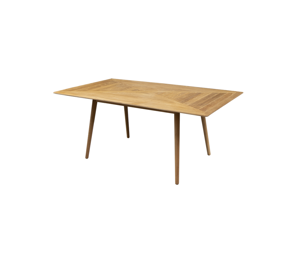 Rechthoekige houten tafel met een lichte afwerking en taps toelopende poten, perfect voor gebruik als eettafel of werkplek. Eenvoudig en modern ontwerp.