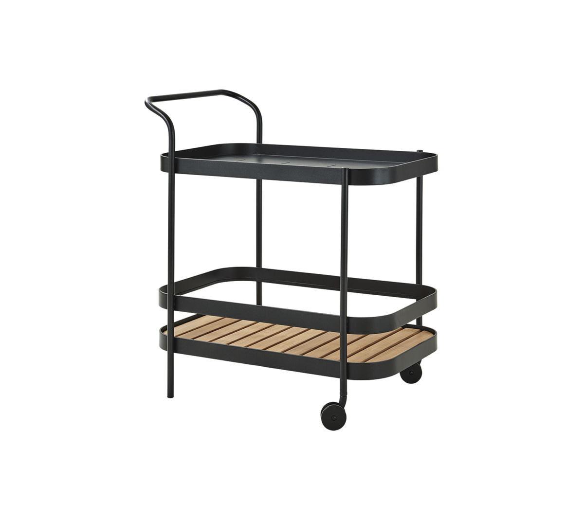Een stijlvolle twee-laags serveerwagen met een zwart dienblad en houten planken, voorzien van een handgrepen en wielen voor gemakkelijke mobiliteit.