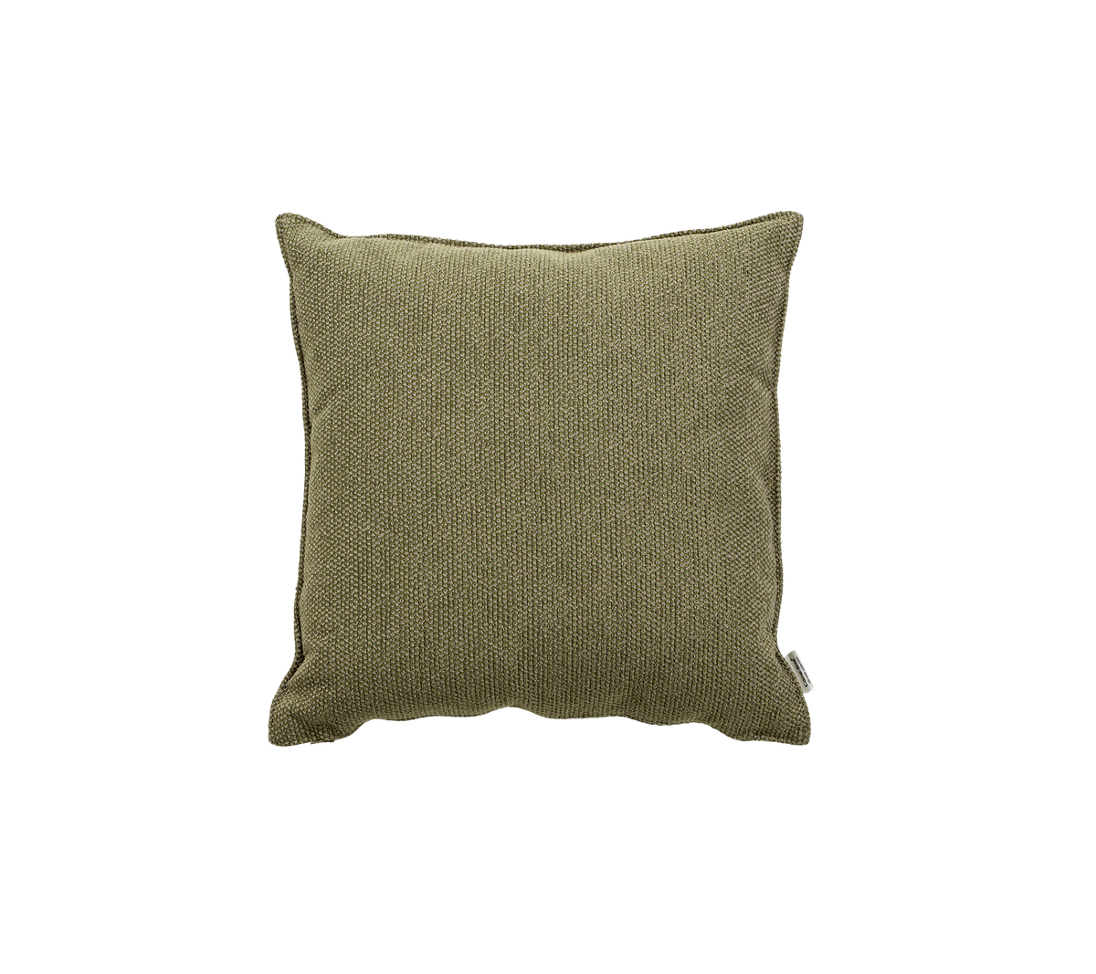 Vierkante decoratieve kussen in een gestructureerde olijfgroene stof, die een vleugje subtiele elegantie aan elke ruimte toevoegt.