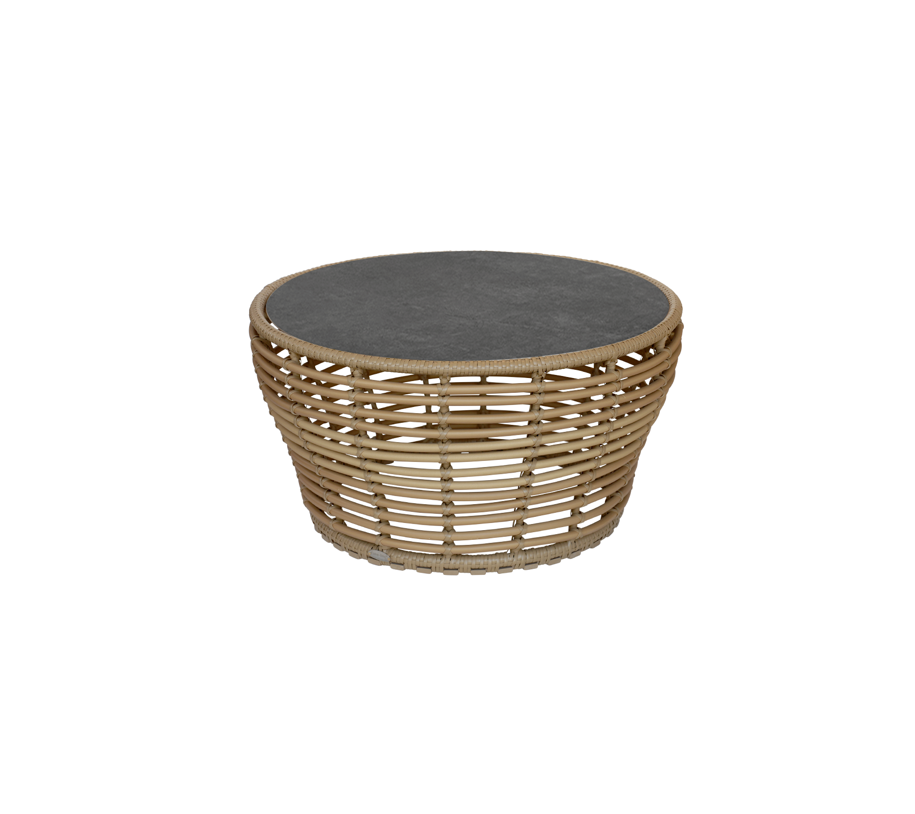Ronde tafel met een donkere bovenkant en een geweven basis van natuurlijk materiaal, die een moderne touch aan elke ruimte toevoegt.