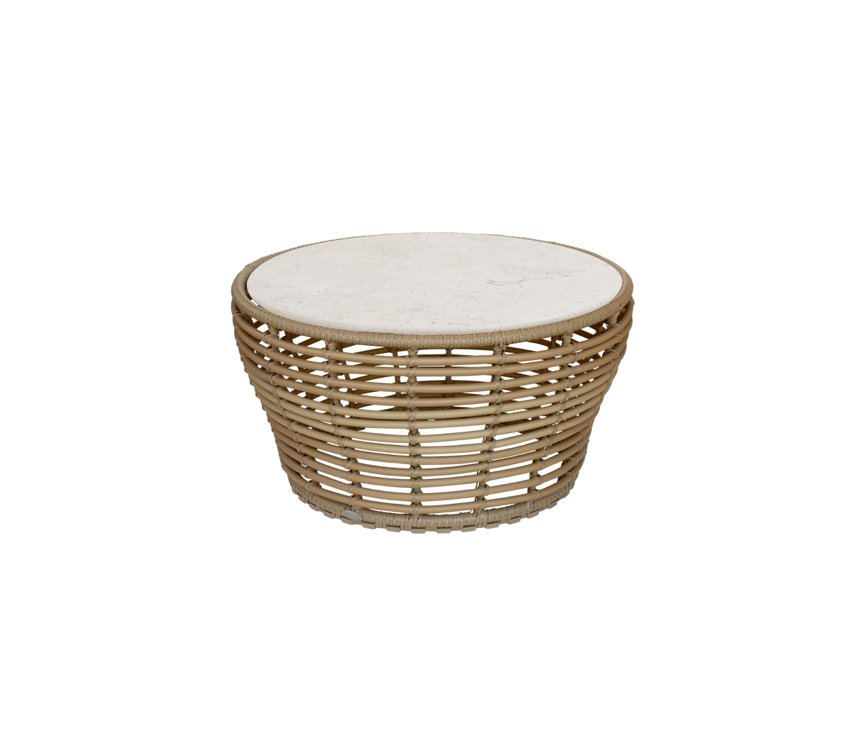 Ronde tafel met een natuurlijke afwerking en een lichtgekleurde bovenkant.