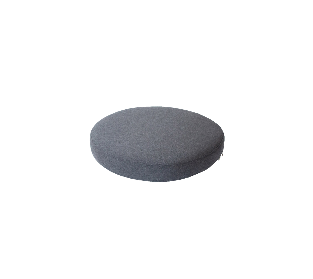Rond, donkergrijze kussen met een glad oppervlak, ideaal voor zitplaatsen of decoratieve doeleinden.