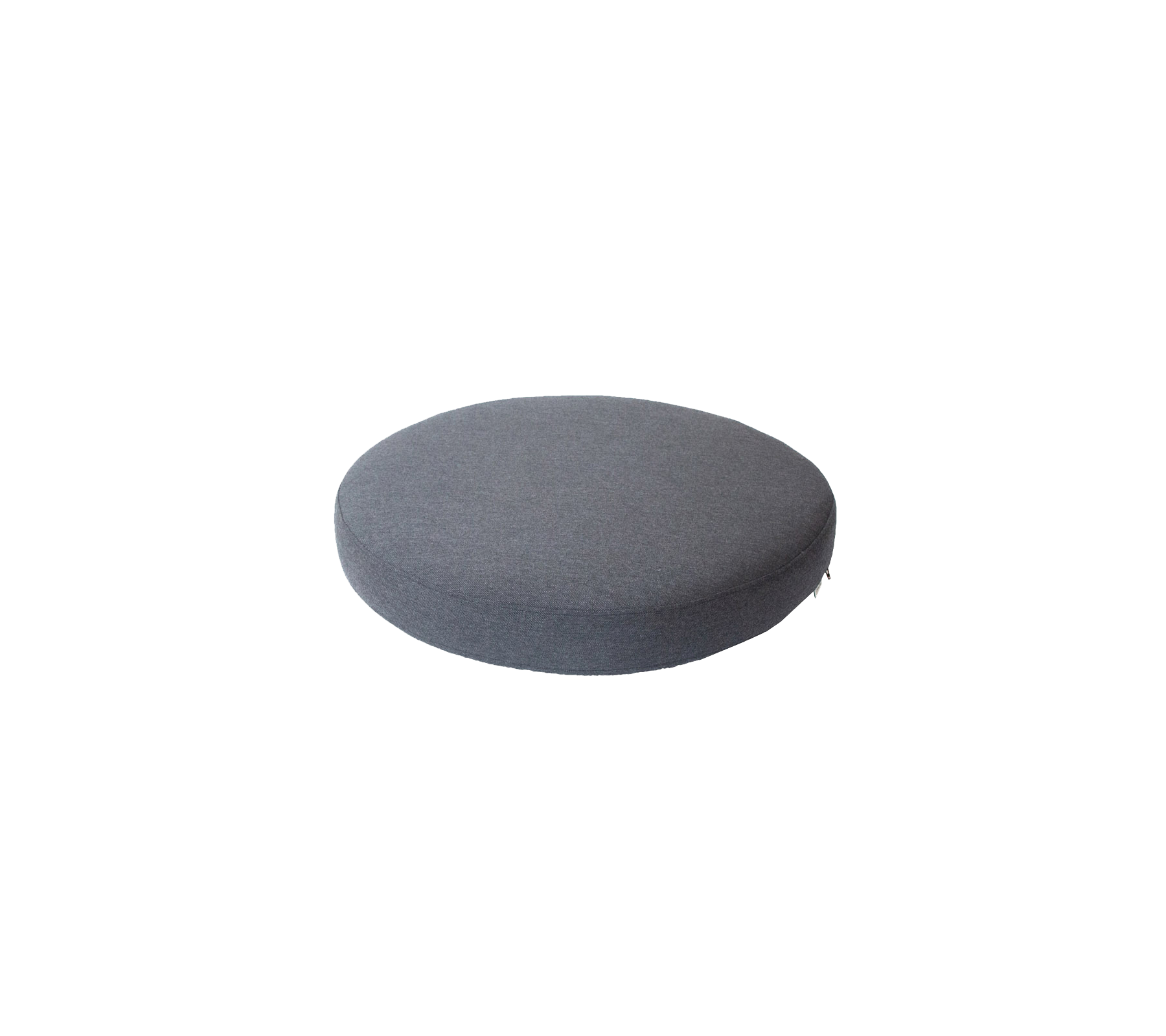 Rond, donkergrijze kussen met een glad oppervlak, ideaal voor zitplaatsen of decoratieve doeleinden.
