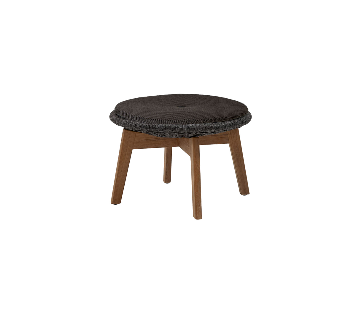 Ronde gestoffeerde kruk met een donkere oppervlakte en houten poten, ontworpen voor comfort en stijl. Ideaal voor veelzijdige zitarrangementen.