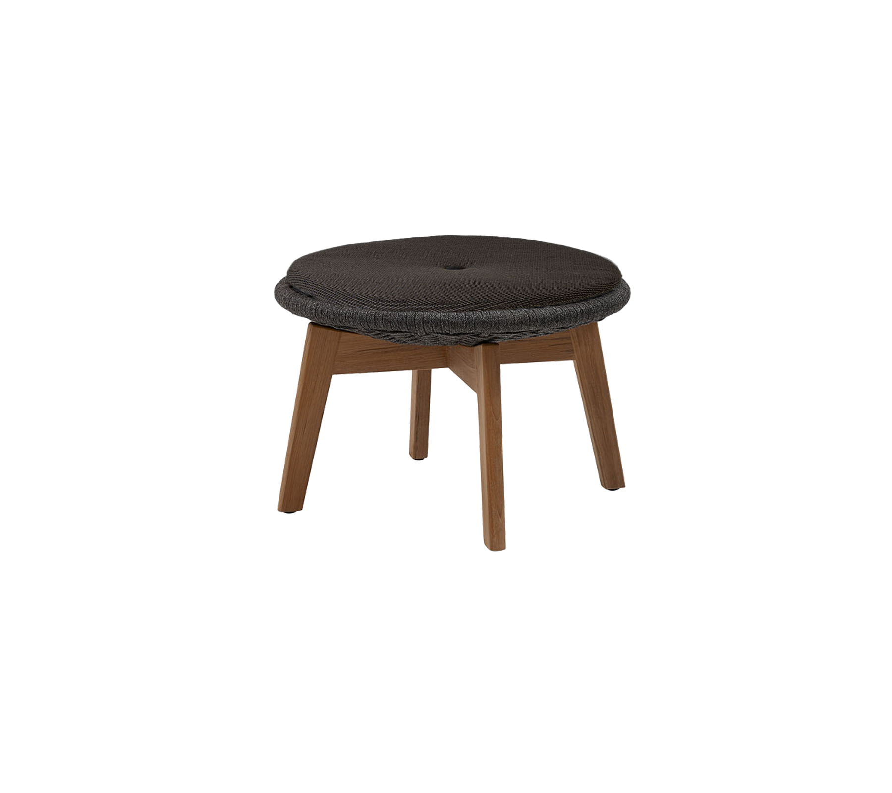 Ronde gestoffeerde kruk met een donkere oppervlakte en houten poten, ontworpen voor comfort en stijl. Ideaal voor veelzijdige zitarrangementen.