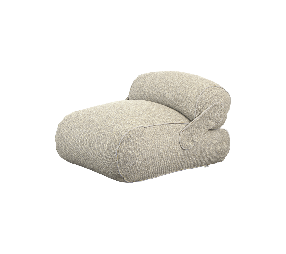 Gezellige, moderne kussen met een afgerond ontwerp en armleuning, bekleed met een zachte, lichte stof voor comfort en stijl.