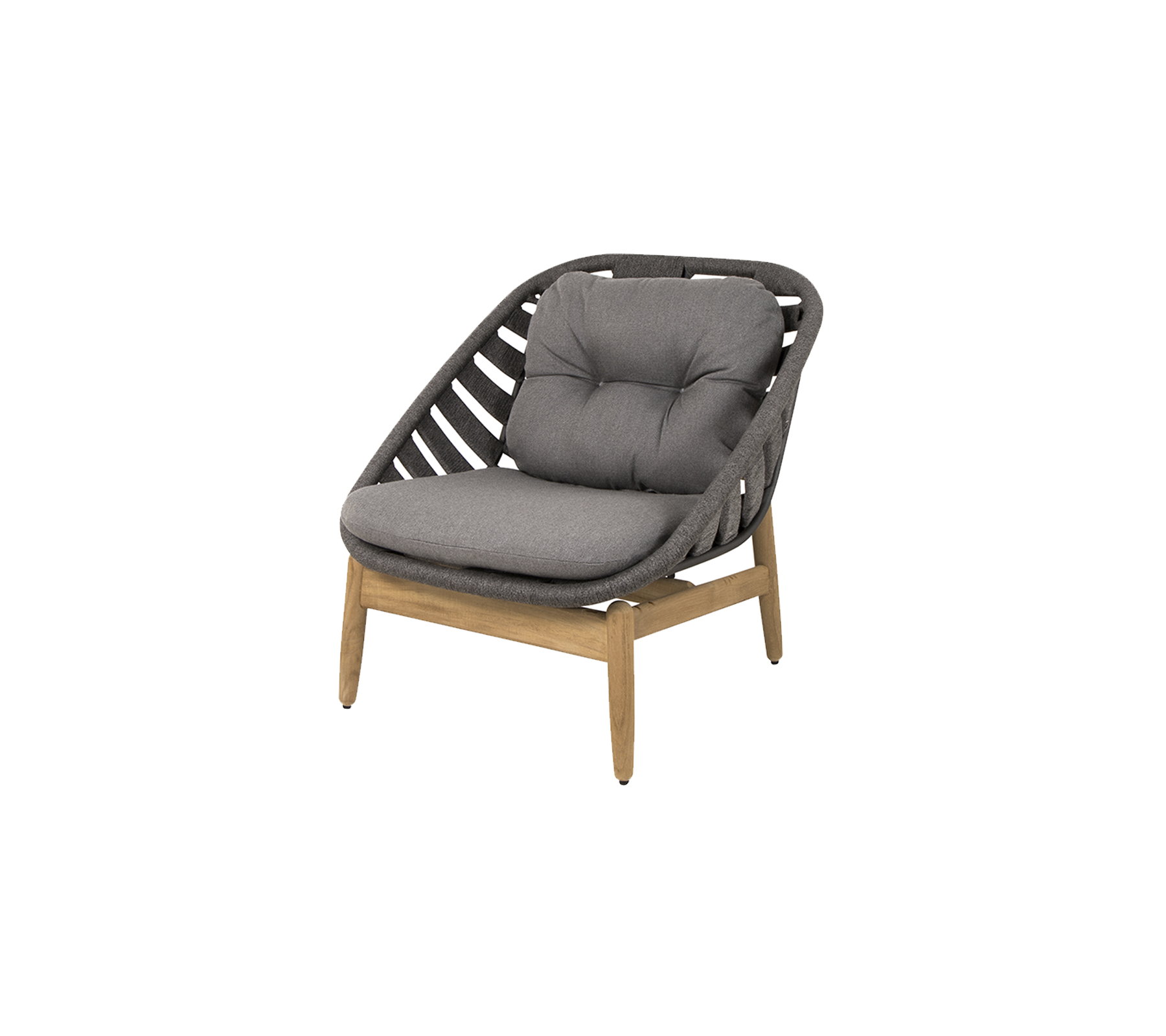 Stijlvolle stoel met een gevoerd zitvlak in grijs en een houten frame, met een uniek geweven design voor moderne decoratie.