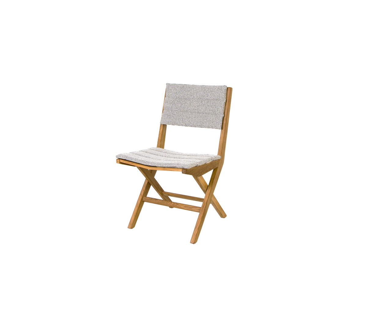 Vouwstoel met een houten frame en een gestructureerde stoffen zitting en rugleuning, die functionaliteit en stijl combineert voor veelzijdig gebruik.