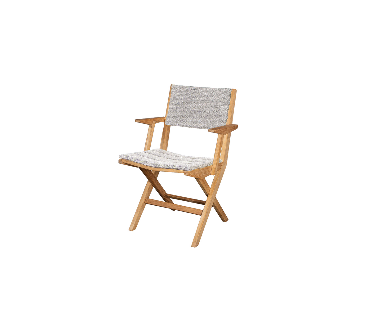 Opvouwbare houten stoel met een lichte stoffen zitting en rugleuning, met eenvoudige armleuningen en een minimalistisch ontwerp. Ideaal voor verschillende omgevingen.