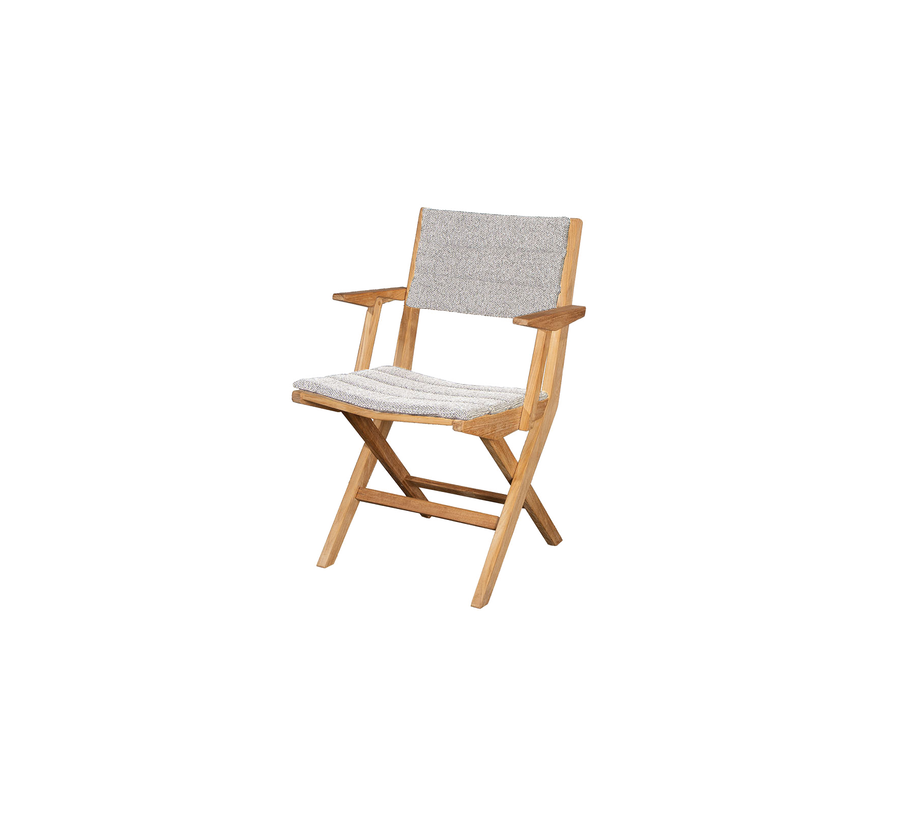 Opvouwbare houten stoel met een lichte stoffen zitting en rugleuning, met eenvoudige armleuningen en een minimalistisch ontwerp. Ideaal voor verschillende omgevingen.
