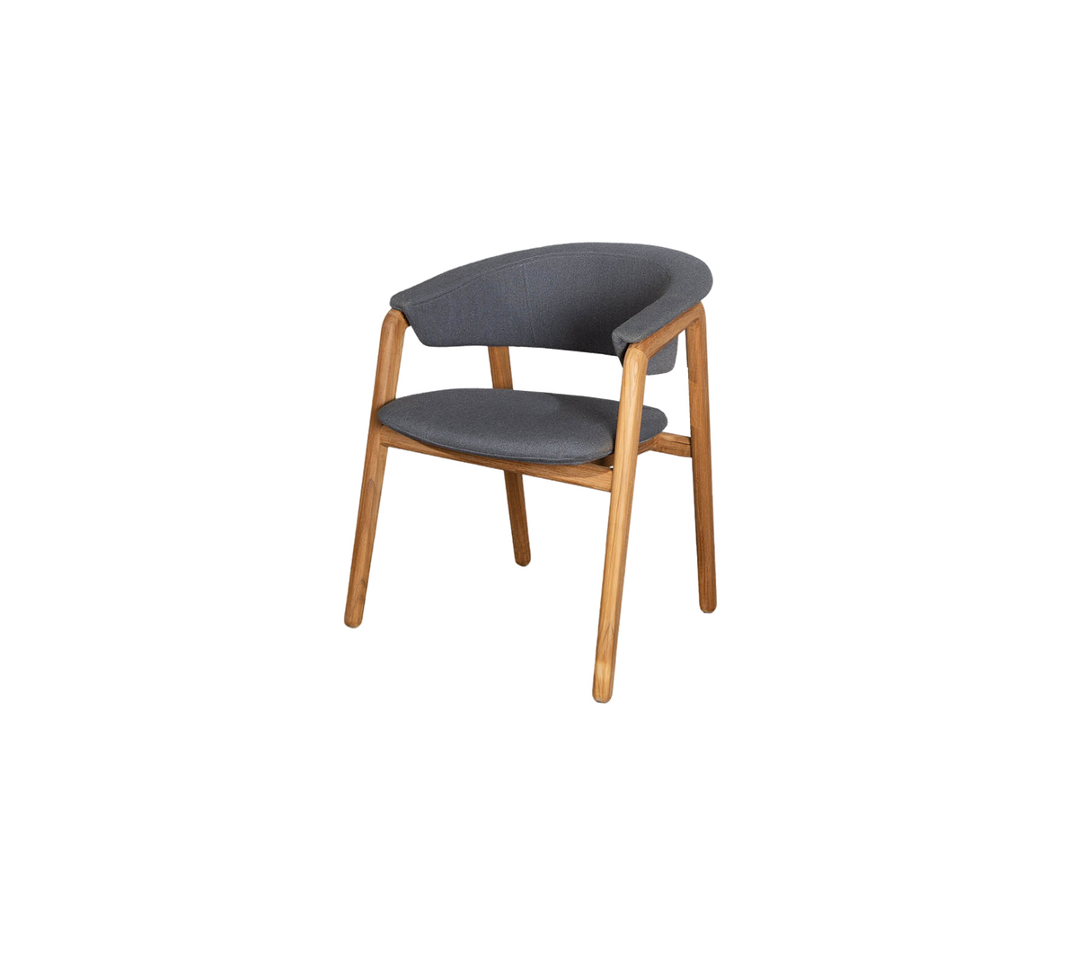 Stijlvolle stoel met een grijze stoffen zitting en een gebogen rugleuning, ondersteund door natuurlijke houten poten, die moderne comfort en esthetische aantrekkingskracht biedt.