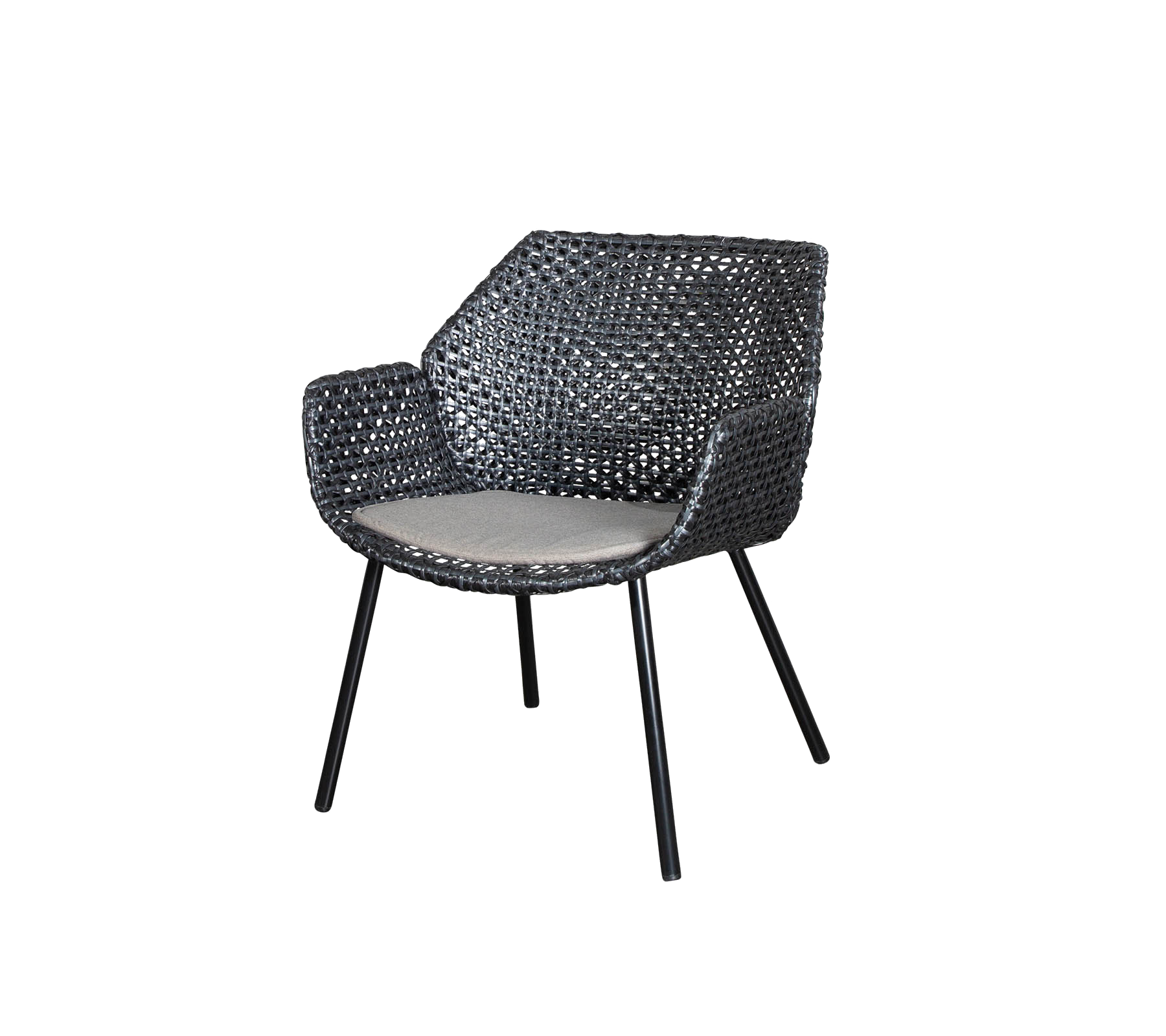 Stijlvolle geweven stoel met een comfortabele kussen, met een modern design en stevige poten voor ondersteuning. Perfect voor ontspanning.