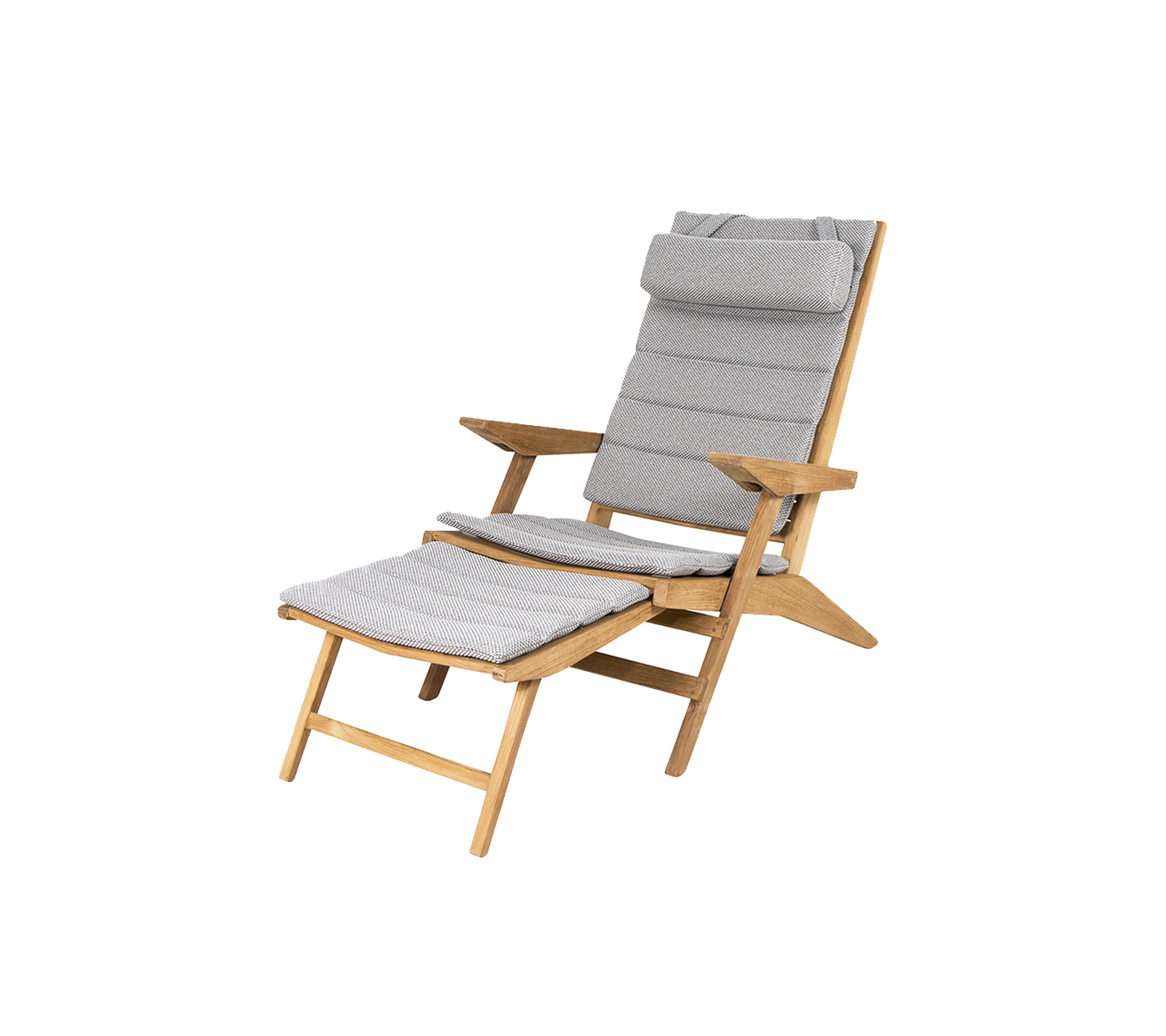 Een comfortabele houten stoel met een grijze beklede zitting en rugleuning, met een verstelbaar ontwerp en een bijpassende voetensteun.