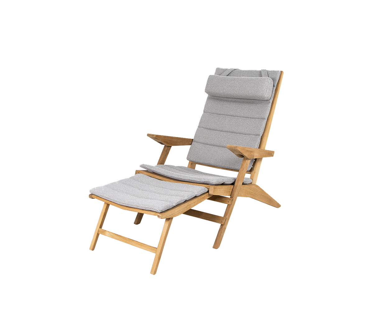 Een comfortabele houten stoel met een grijze beklede zitting en rugleuning, met een verstelbaar ontwerp en een bijpassende voetensteun.