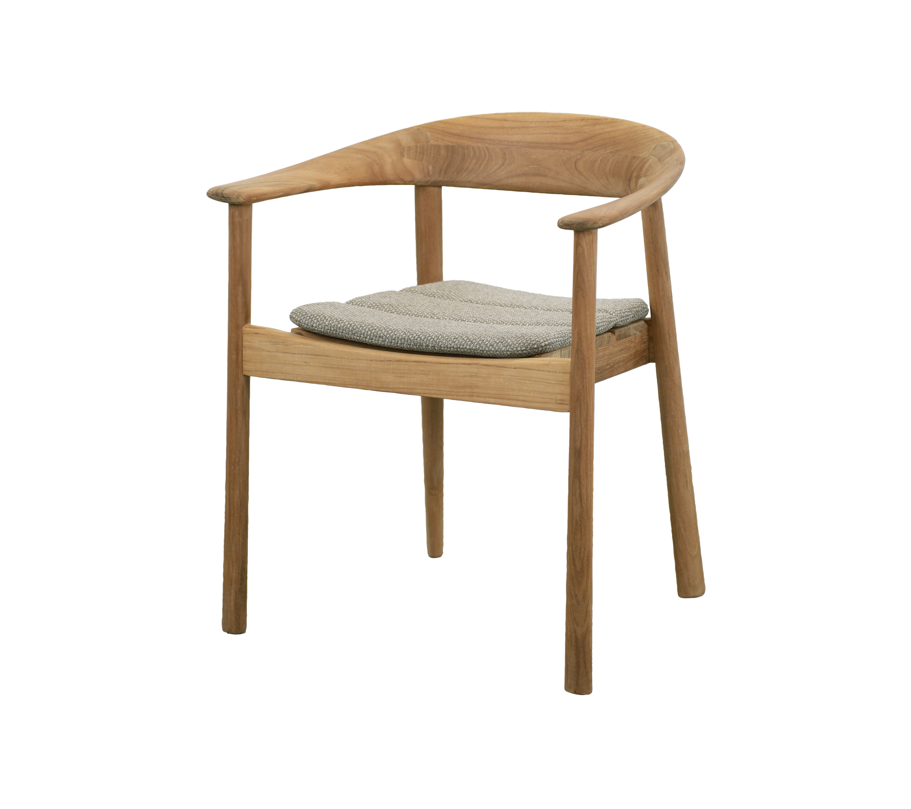 Teakstoel met grijze kussen in modern design.