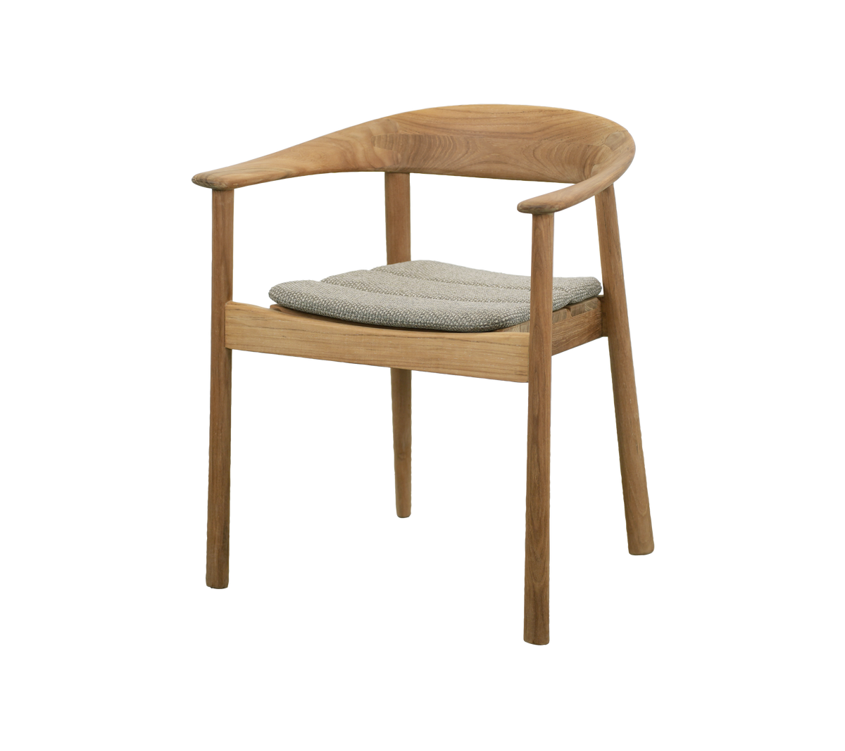 Teakstoel met grijze kussen in modern design.