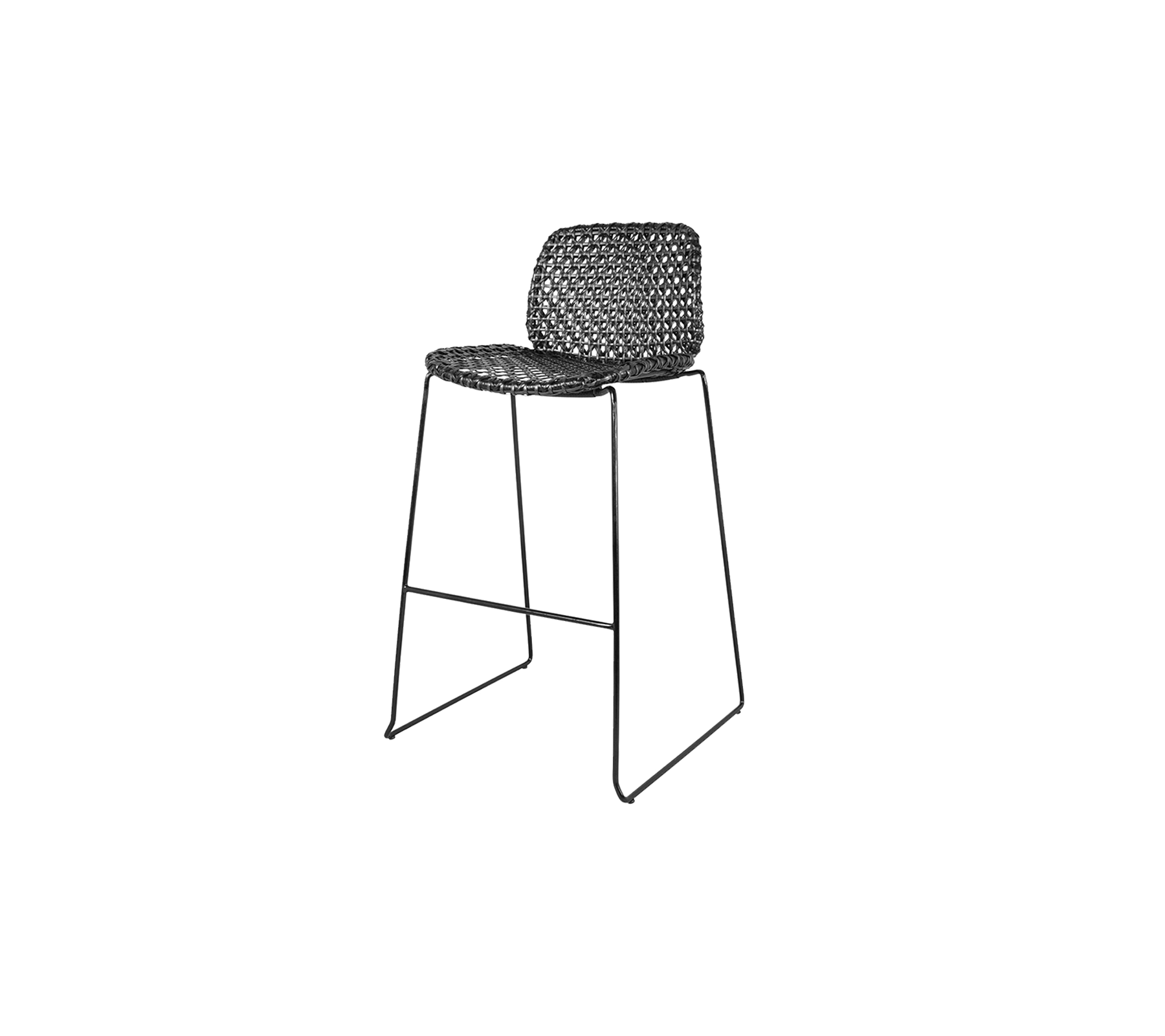 Stijlvolle hoge stoel met een geweven zitting en een slank metalen frame, perfect om moderne elegantie aan elke ruimte toe te voegen.