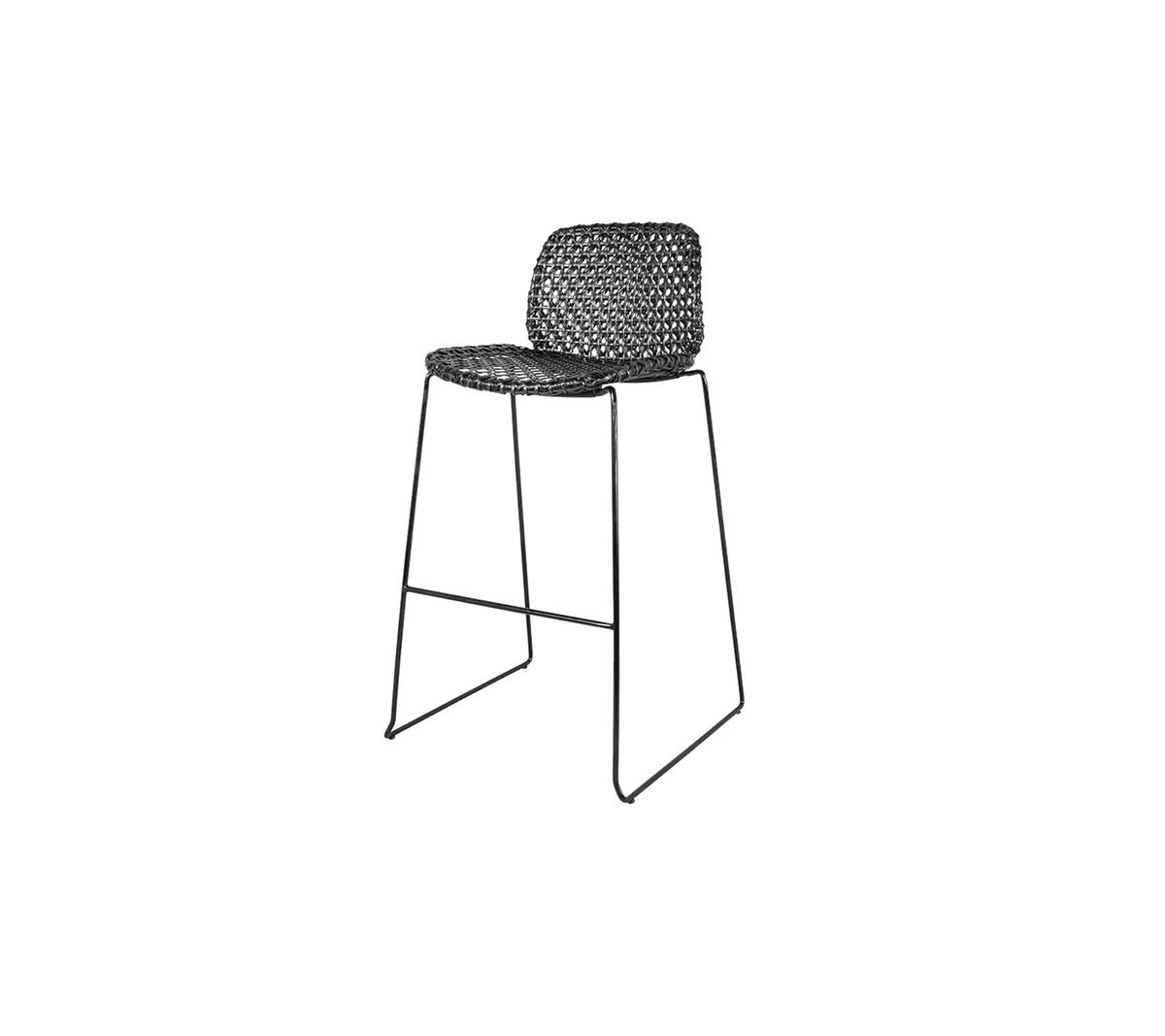 Stijlvolle hoge stoel met een geweven zitting en een slank metalen frame, perfect om moderne elegantie aan elke ruimte toe te voegen.