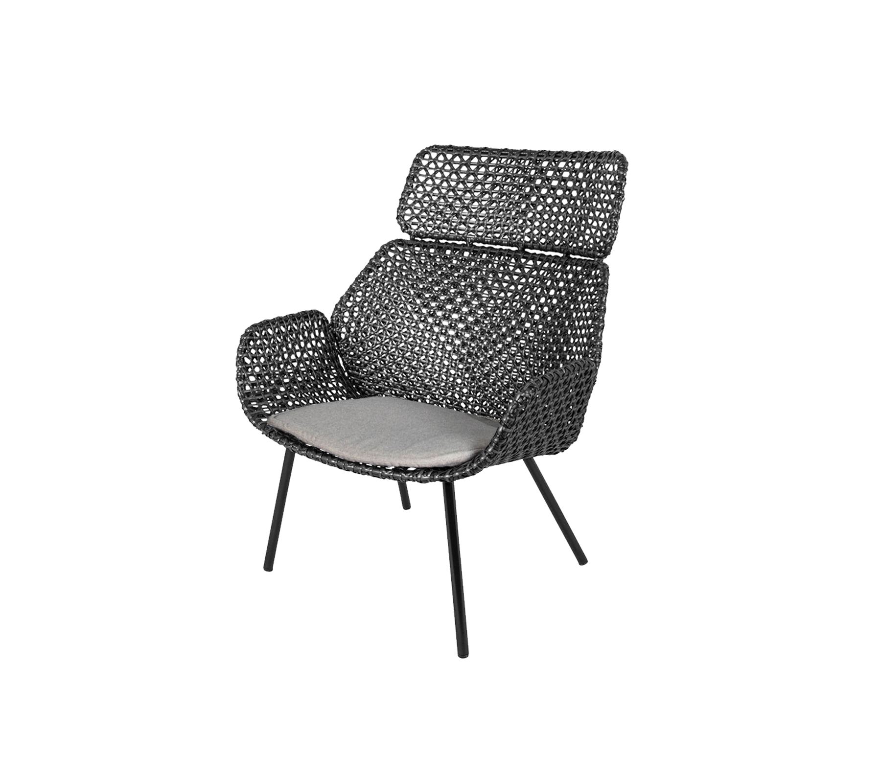 Stijlvolle stoel met een geweven ontwerp en een gestoffeerde zitting, met een moderne silhoutte en stevige benen voor comfort en ondersteuning.