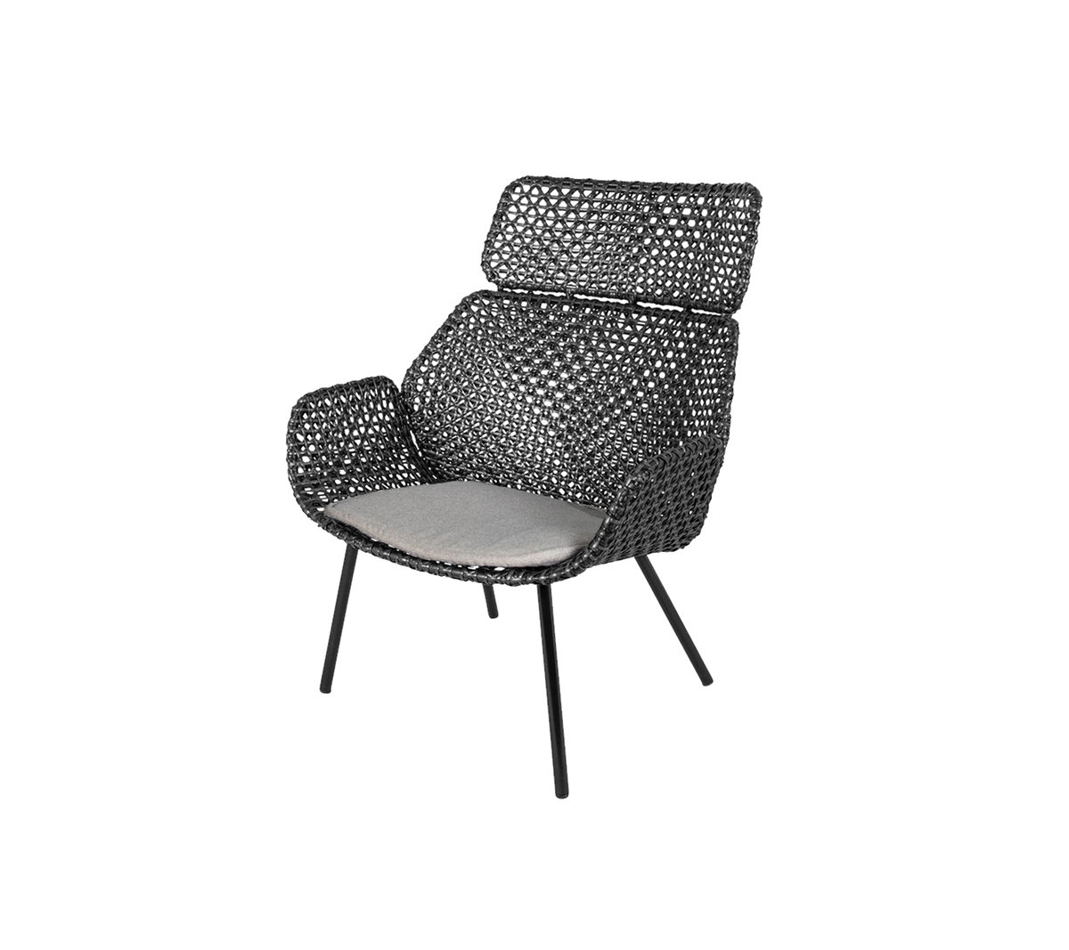 Stijlvolle stoel met een geweven ontwerp en een gestoffeerde zitting, met een moderne silhoutte en stevige benen voor comfort en ondersteuning.