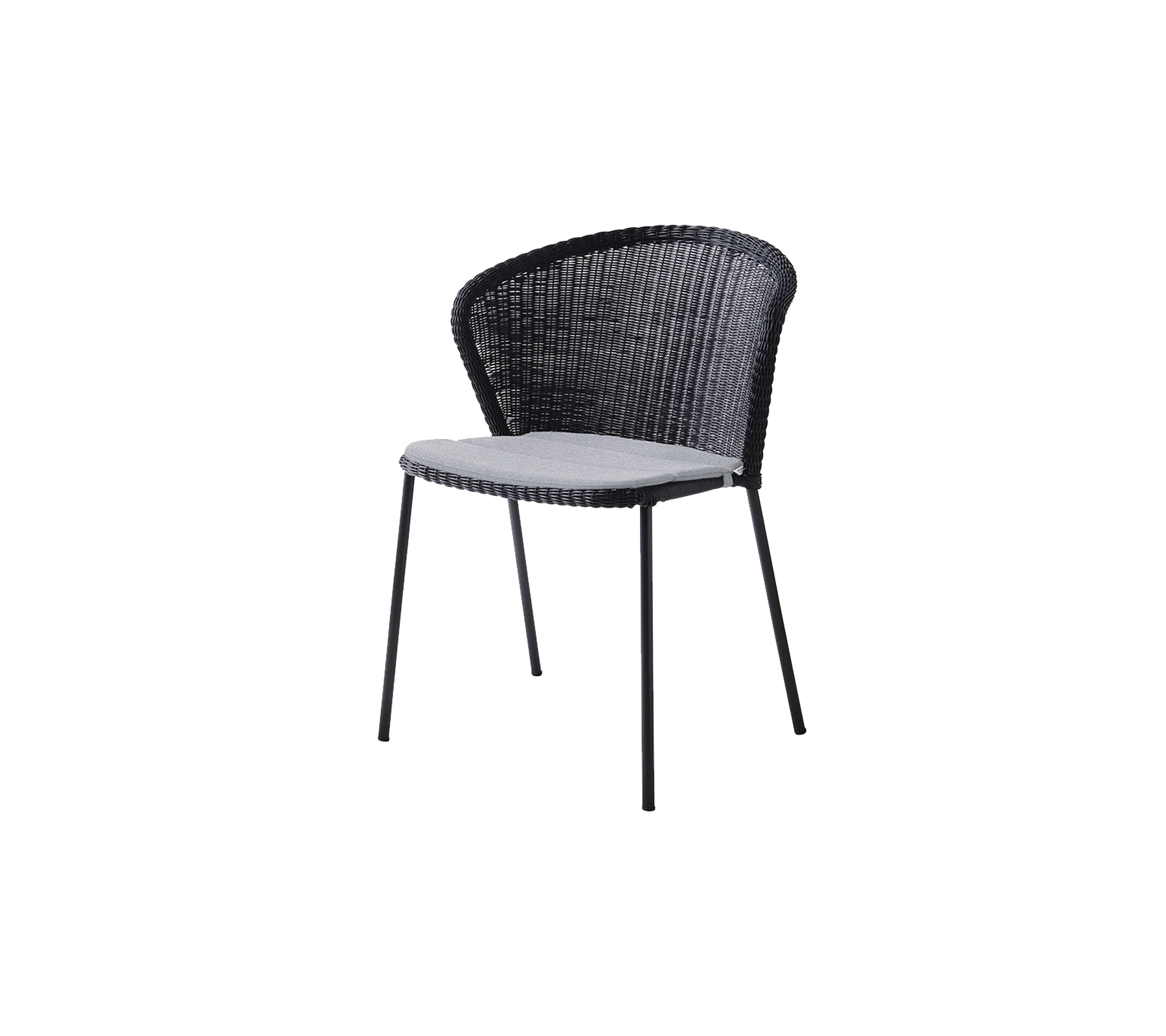 Stijlvolle zwarte stoel met een geweven ontwerp en een comfortabele lichtgekleurde zitting. Ideaal voor moderne decoratie en informele zitgelegenheid.