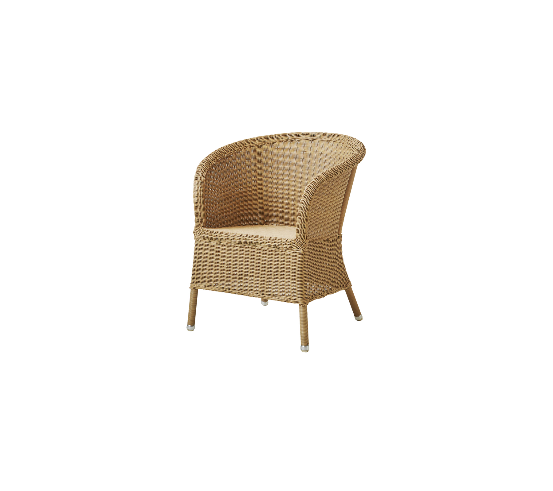 Wicker-stijl stoel met een ronde rug en een natuurlijke afwerking, voorzien van een gevoerde zitting voor comfort.