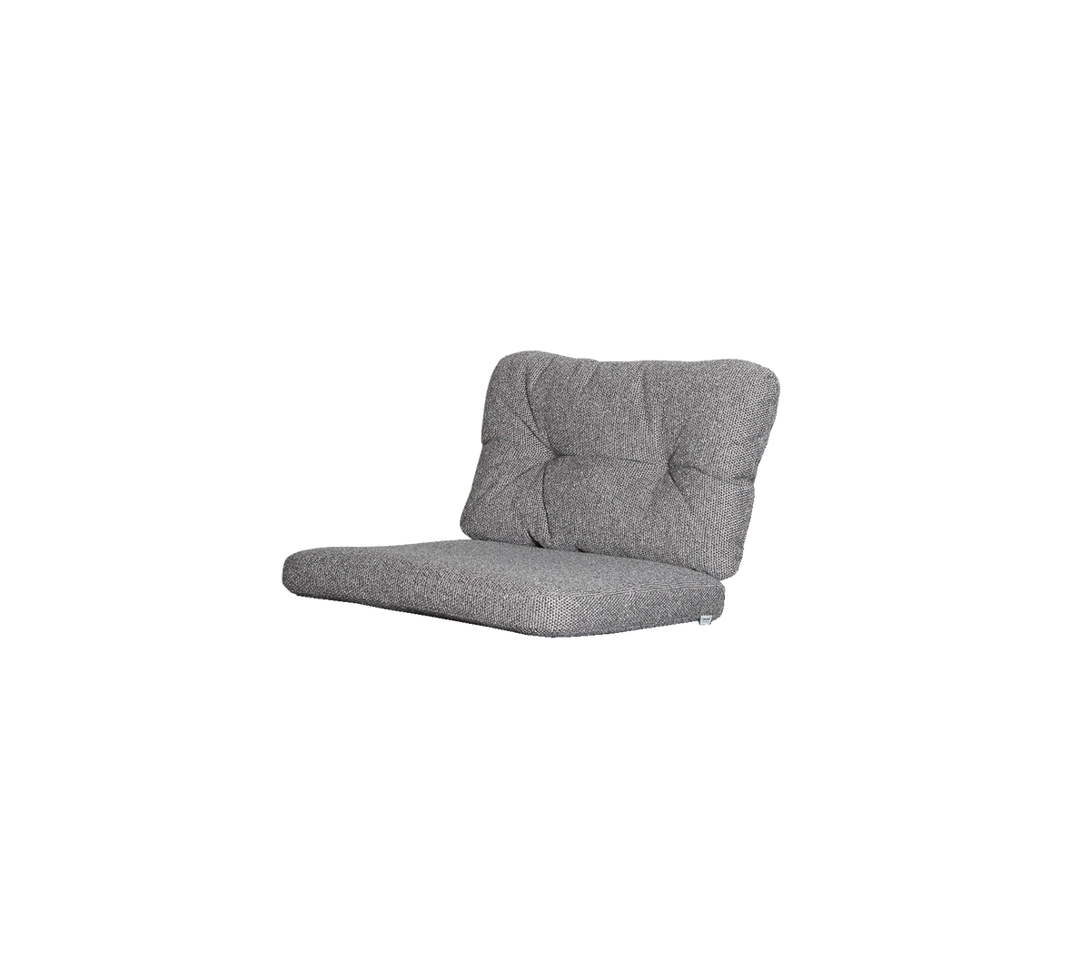 Grijze gestoffeerde loungestoel met een getuftte rugleuning en een laag profiel, ideaal voor casual zitten en ontspannen loungen.