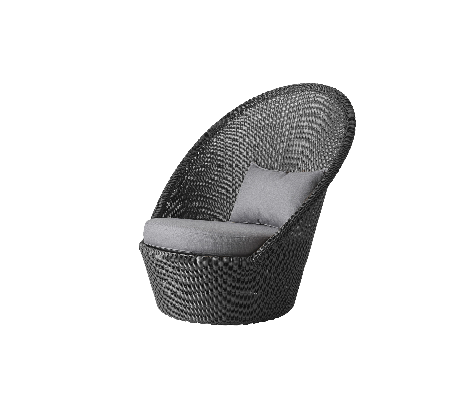 Stijlvolle stoel met een gebogen ontwerp, voorzien van een comfortabele kussen en een geweven textuur in een slanke grijze kleur. Ideaal voor ontspanning.