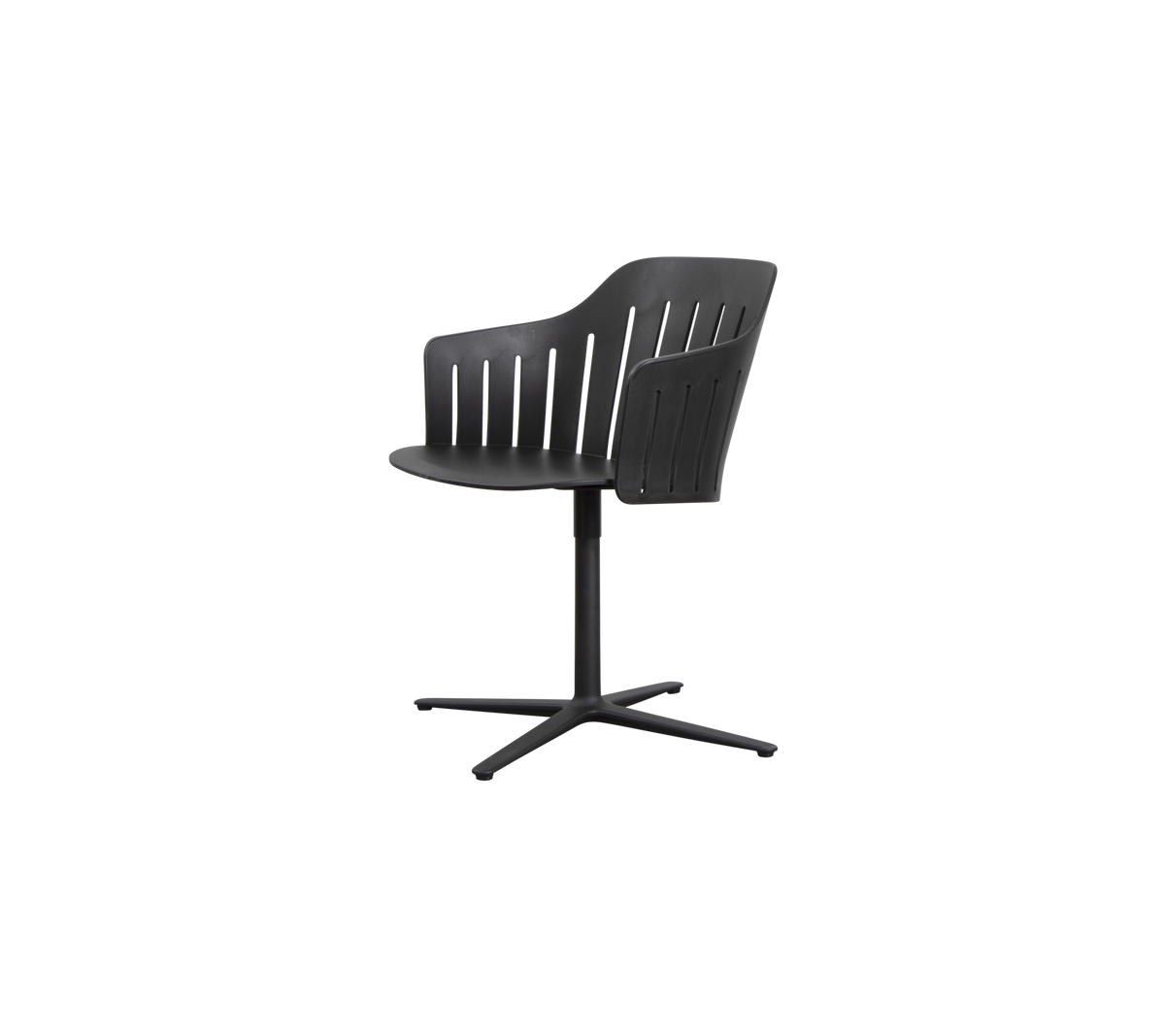 Stijlvolle zwarte stoel met een gebogen rugleuning, lattenontwerp en een vierpotige basis voor moderne zitplaatsen.