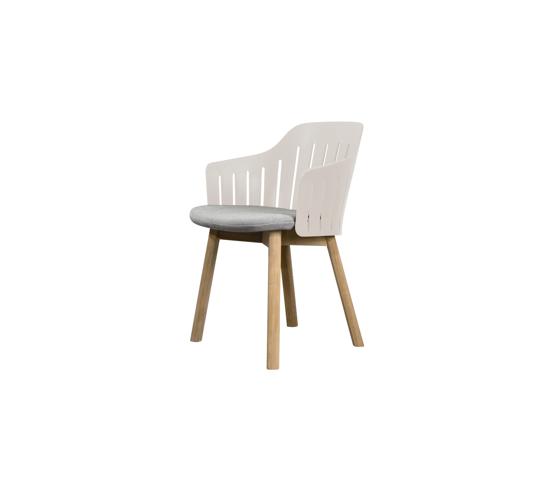 Moderne witte stoel met een grijze kussen.