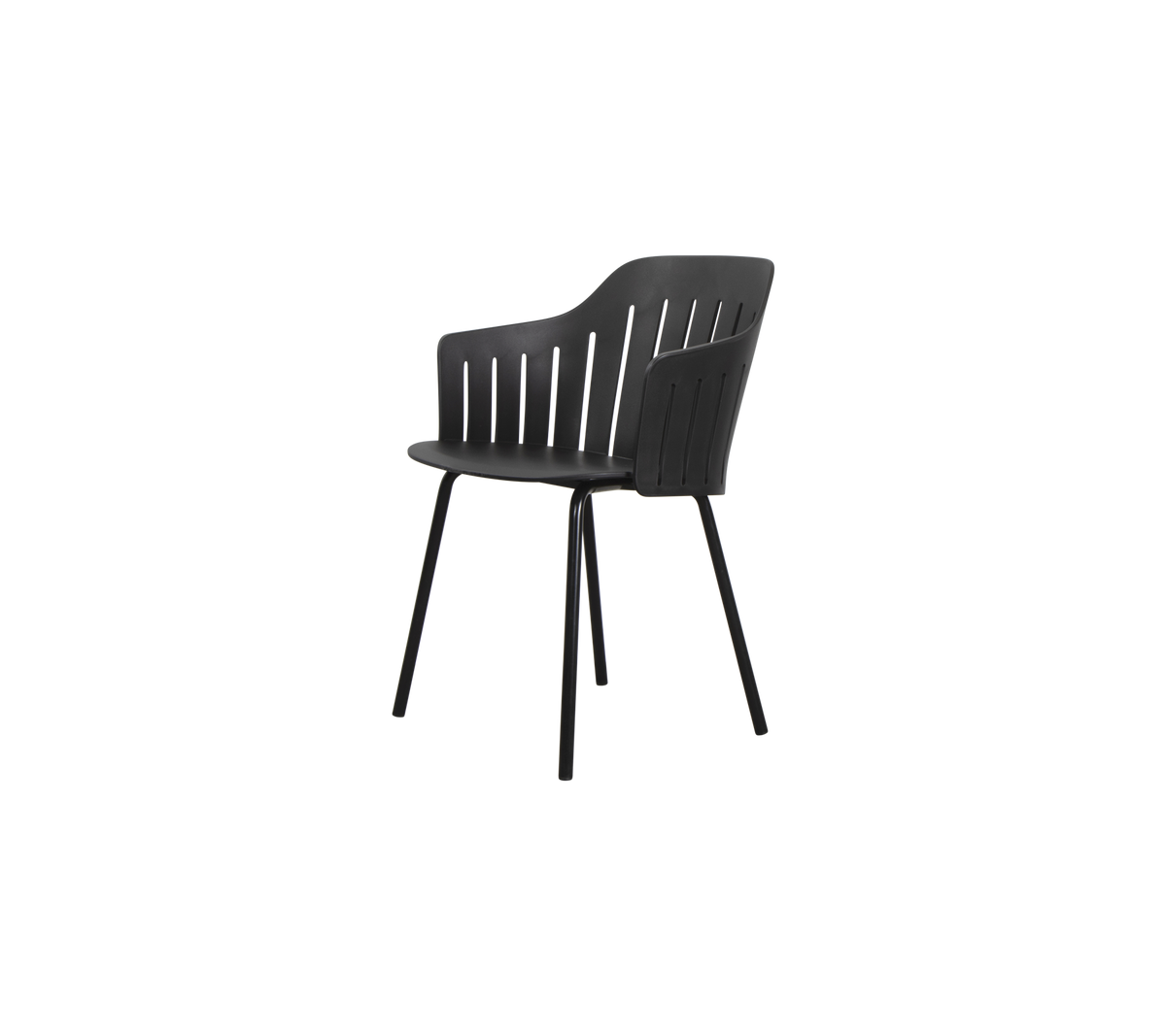 Stijlvolle zwarte stoel met een gebogen rugleuning en stevige poten, ideaal voor moderne ruimtes en veelzijdig gebruik.