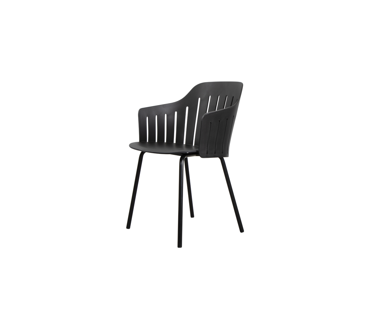 Stijlvolle zwarte stoel met een lattenrug ontwerp, met duurzame benen voor stabiliteit en een ergonomische vorm voor comfort.