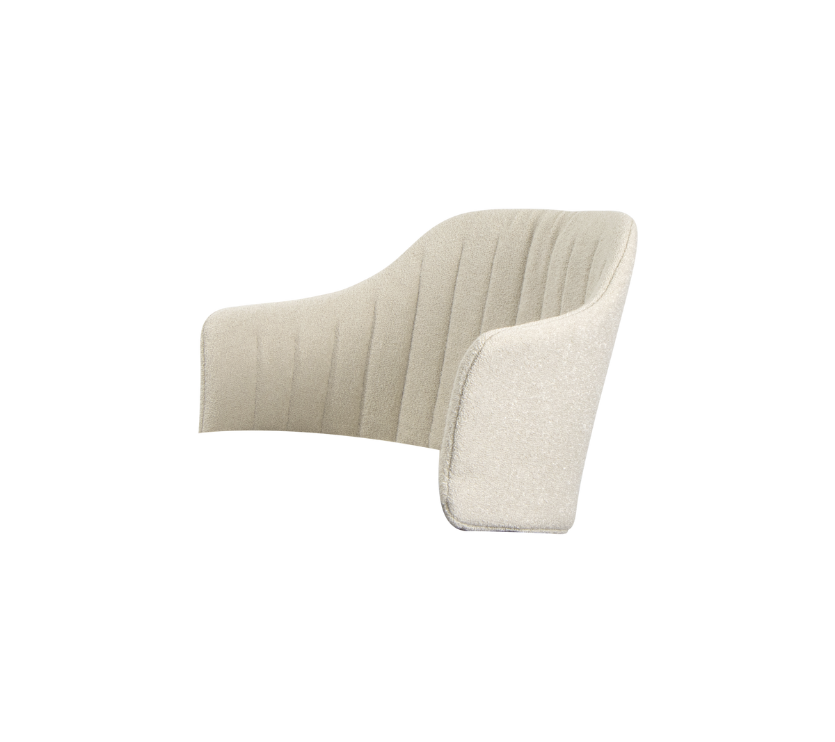 Hedendaagse gestoffeerde stoel met een zachte, gebogen vorm en verticale stiksels, die een moderne esthetiek en comfort biedt.