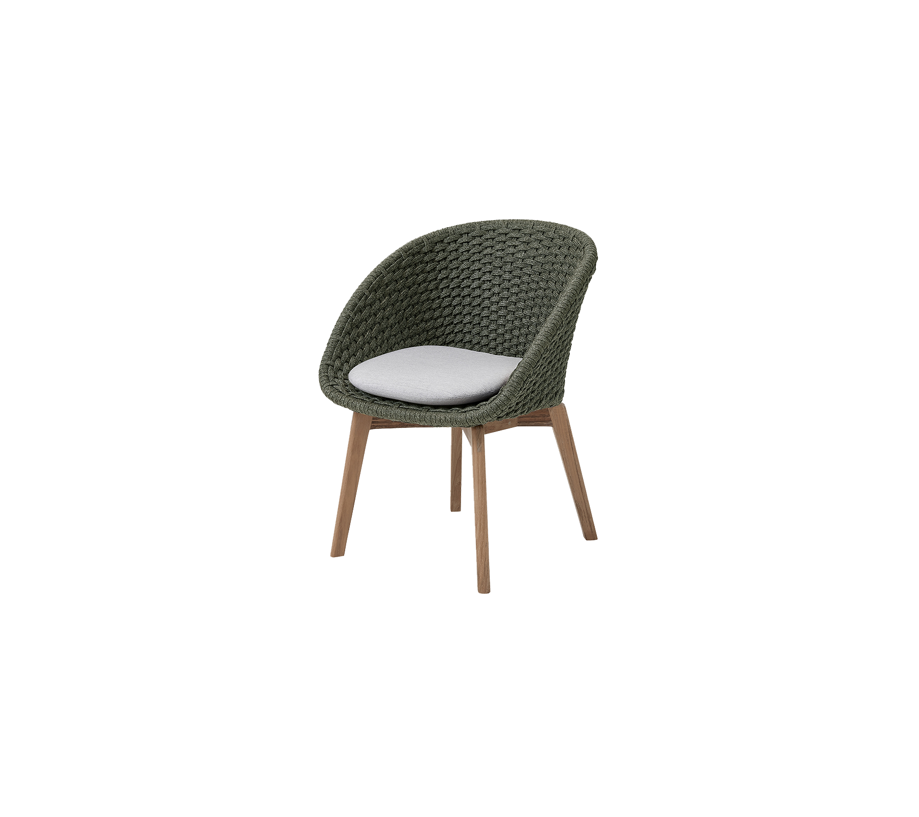 Stylische stoel met een gestructureerd groen zitgedeelte en een comfortabele witte kussen, ondersteund door slanke houten poten.