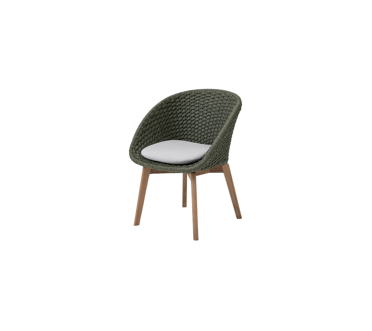 Stylische stoel met een gestructureerd groen zitgedeelte en een comfortabele witte kussen, ondersteund door slanke houten poten.