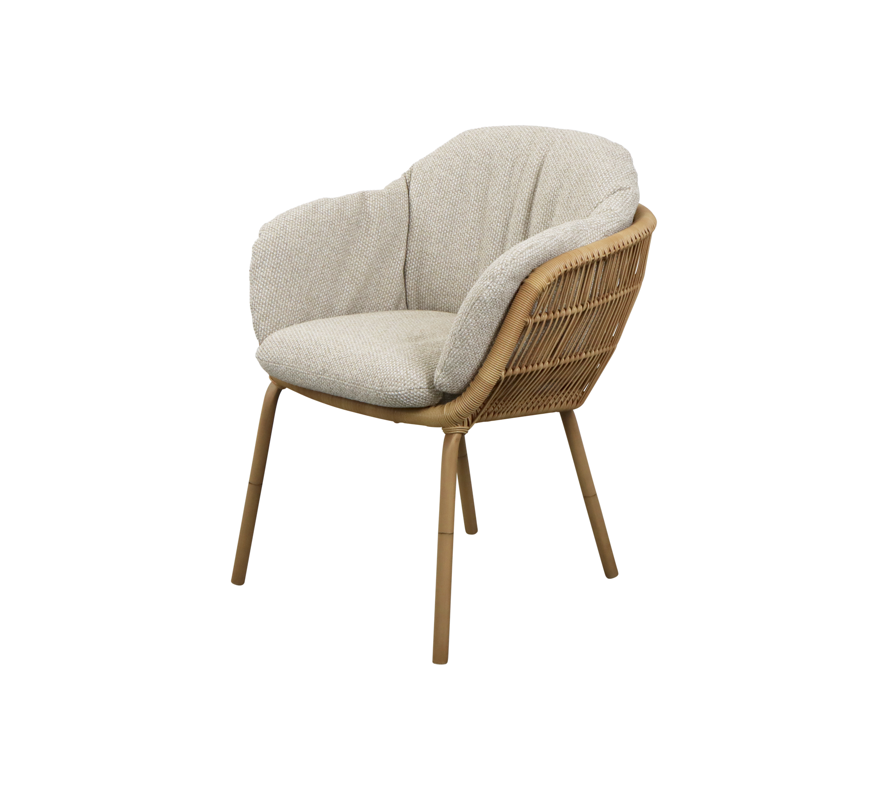 Stijlvolle gebogen stoel met een geweven frame en zachte stoffen bekleding, die comfort en een moderne esthetiek biedt.