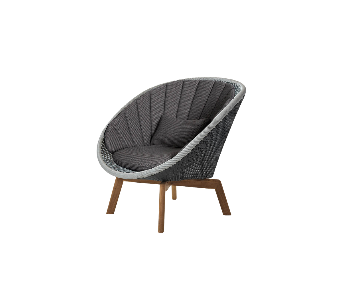 Gebogen stoel met een strak ontwerp, met een grijze beklede zitting en houten poten, die een moderne en comfortabele zitoptie biedt.
