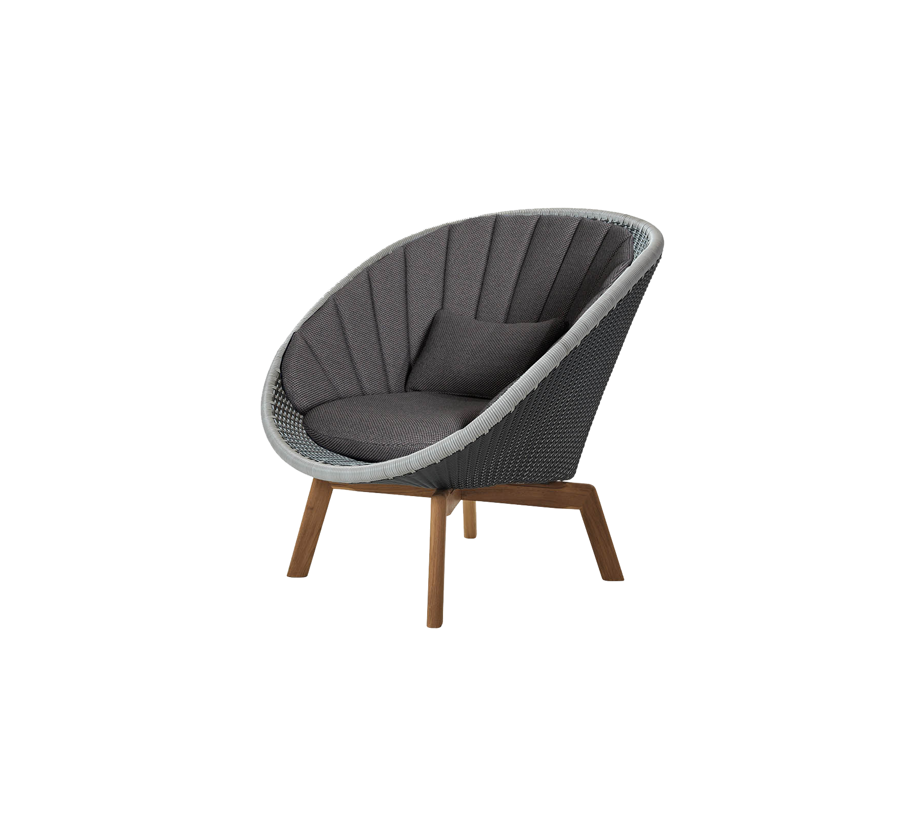 Gebogen stoel met een strak ontwerp, met een grijze beklede zitting en houten poten, die een moderne en comfortabele zitoptie biedt.