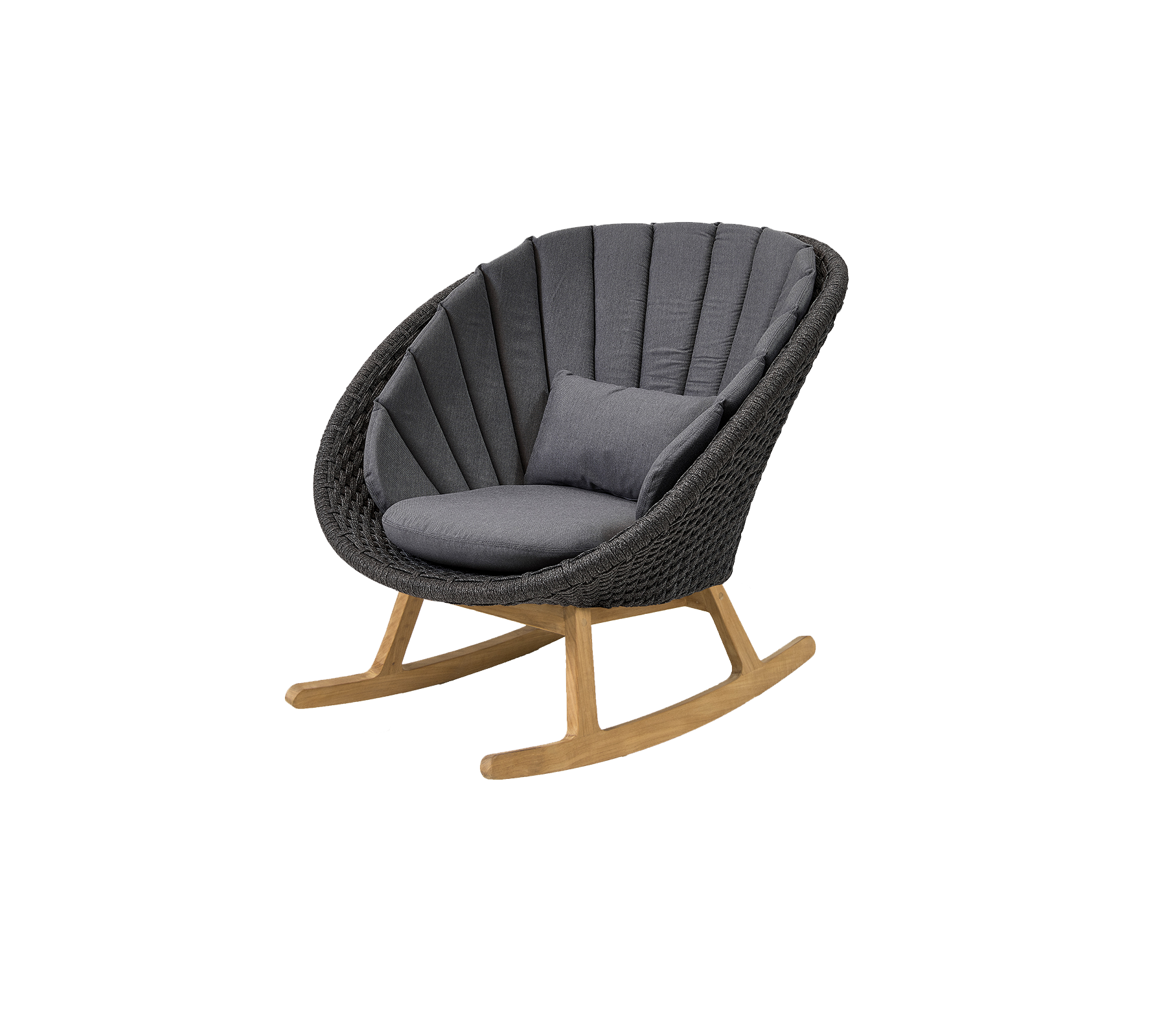 Stijlvolle schommelstoel met een gebogen ontwerp, voorzien van een comfortabele grijze Kussen en een natuurlijke houten basis voor een moderne uitstraling.